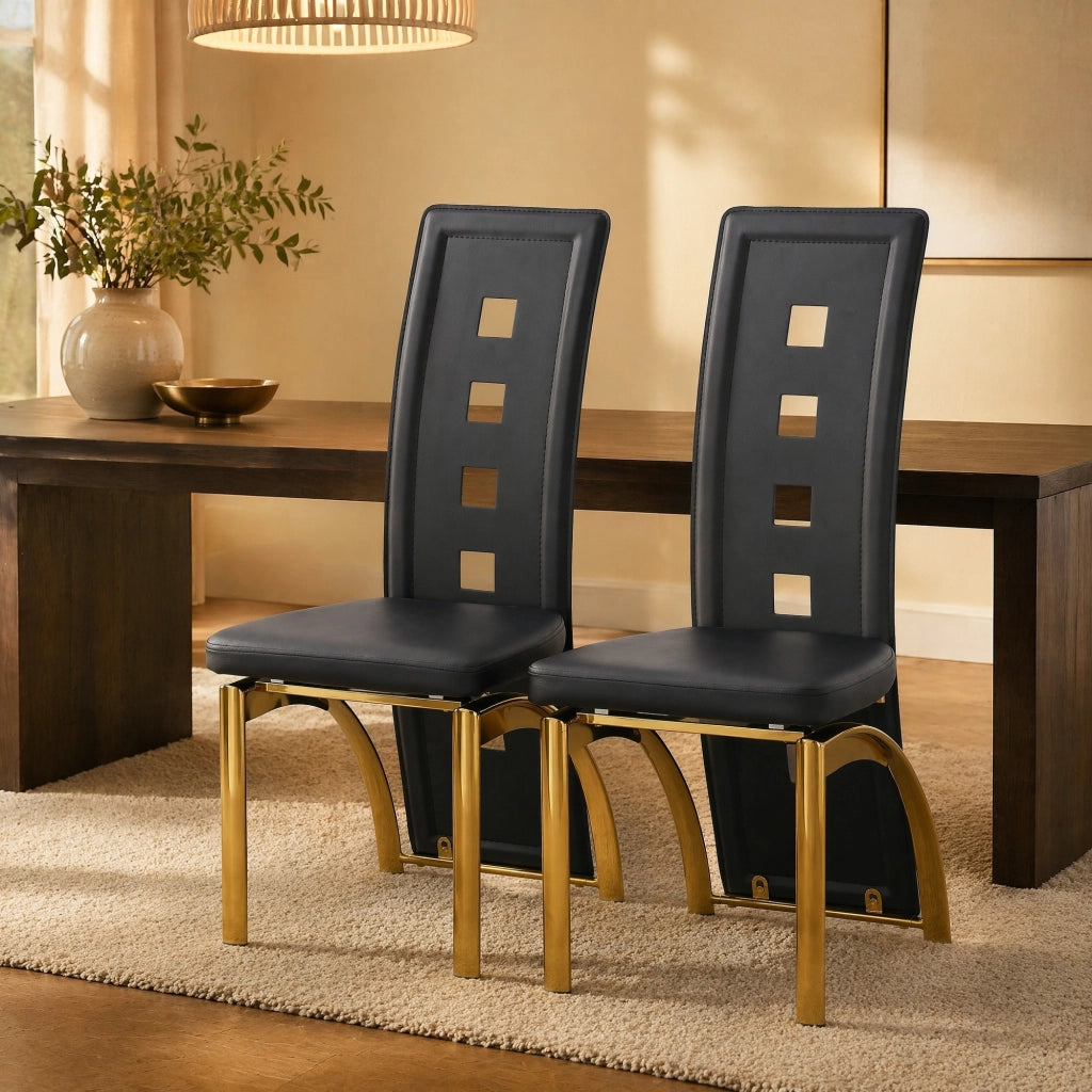 Set di 2 sedie da pranzo moderne con schienale traforato; H 102;5 cm; PU nero e metallo oro