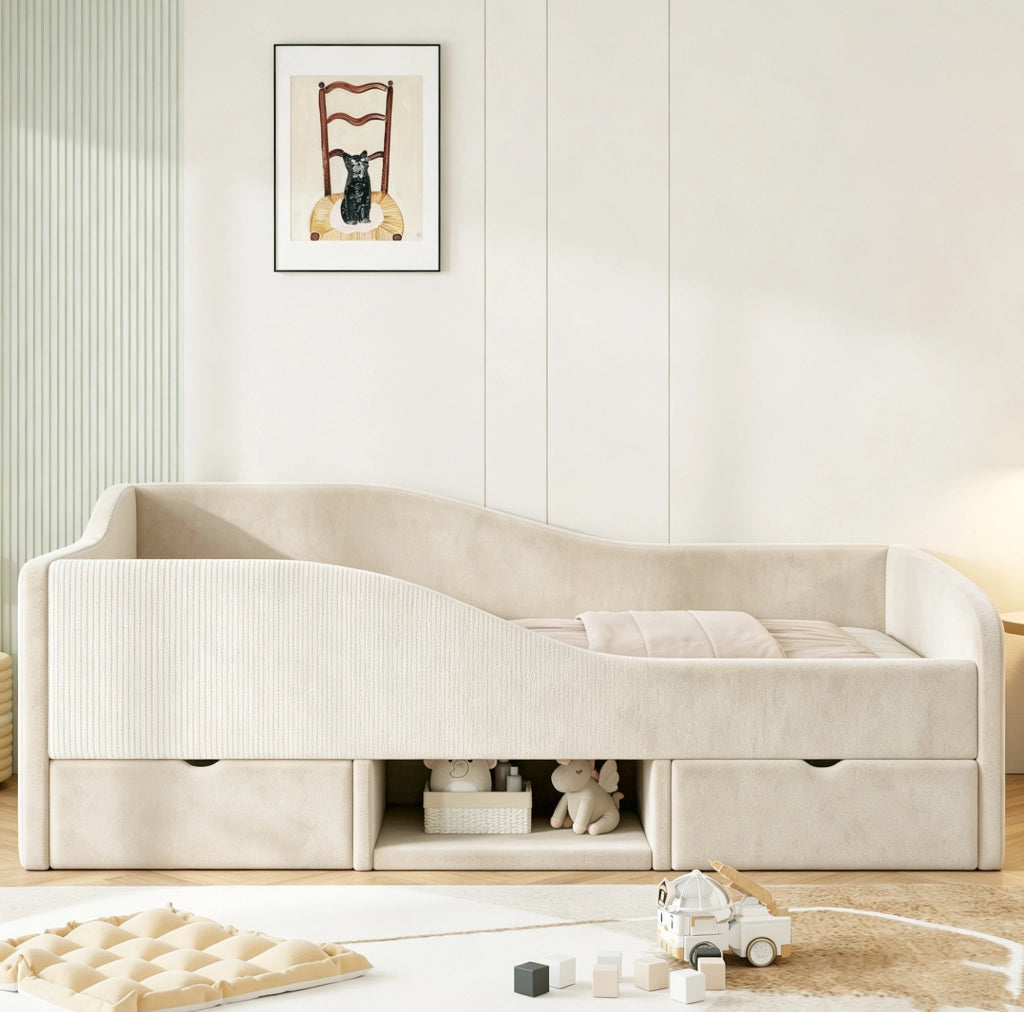 Letto imbottito per bambini 90x190 cm in velluto beige con sponde e spazio contenitivo