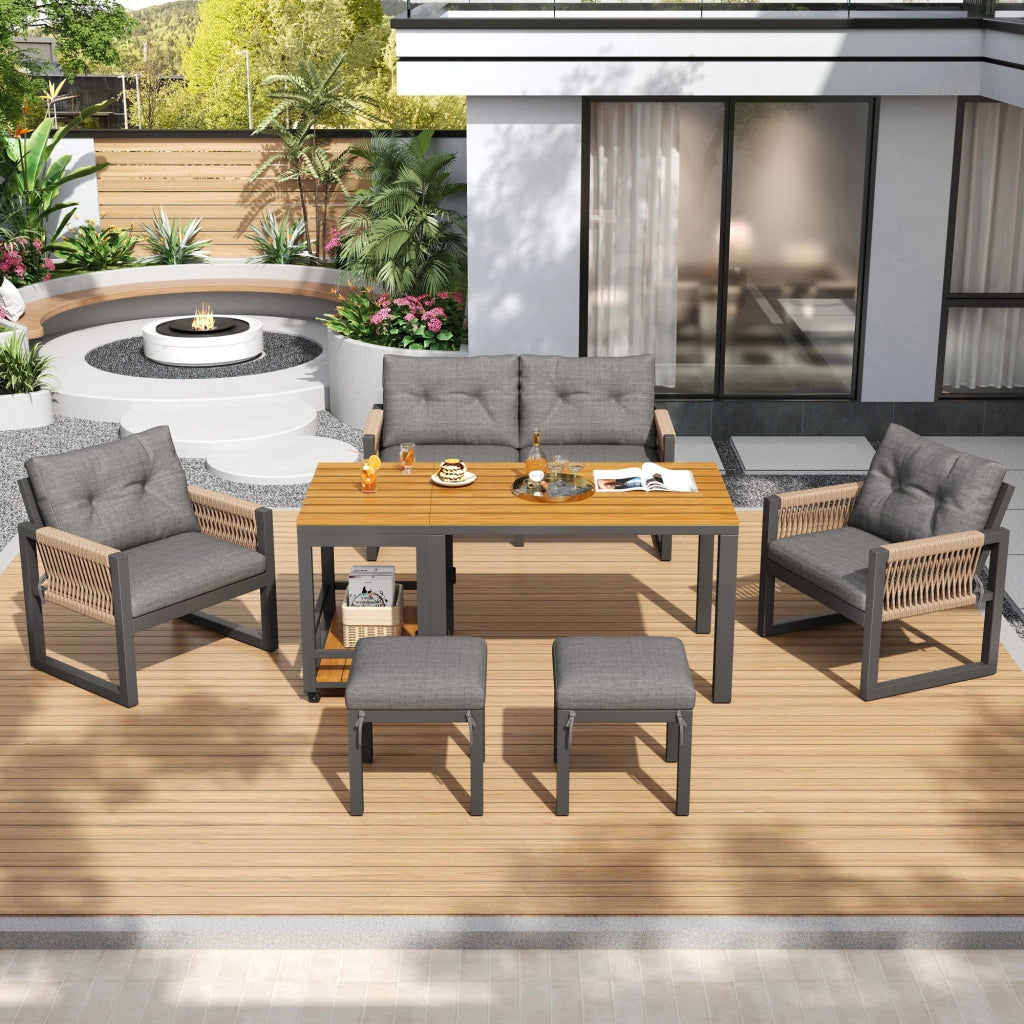 Set Divanooi esterni lounge: struttura ferro; braccioli intrecciati; cuscini seduta inclusi + tavolo