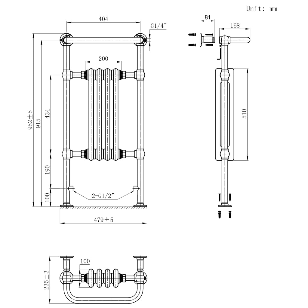 Radiatore Bagno Tradizionale 950x480mm Grigio Cromato Scaldasalviette