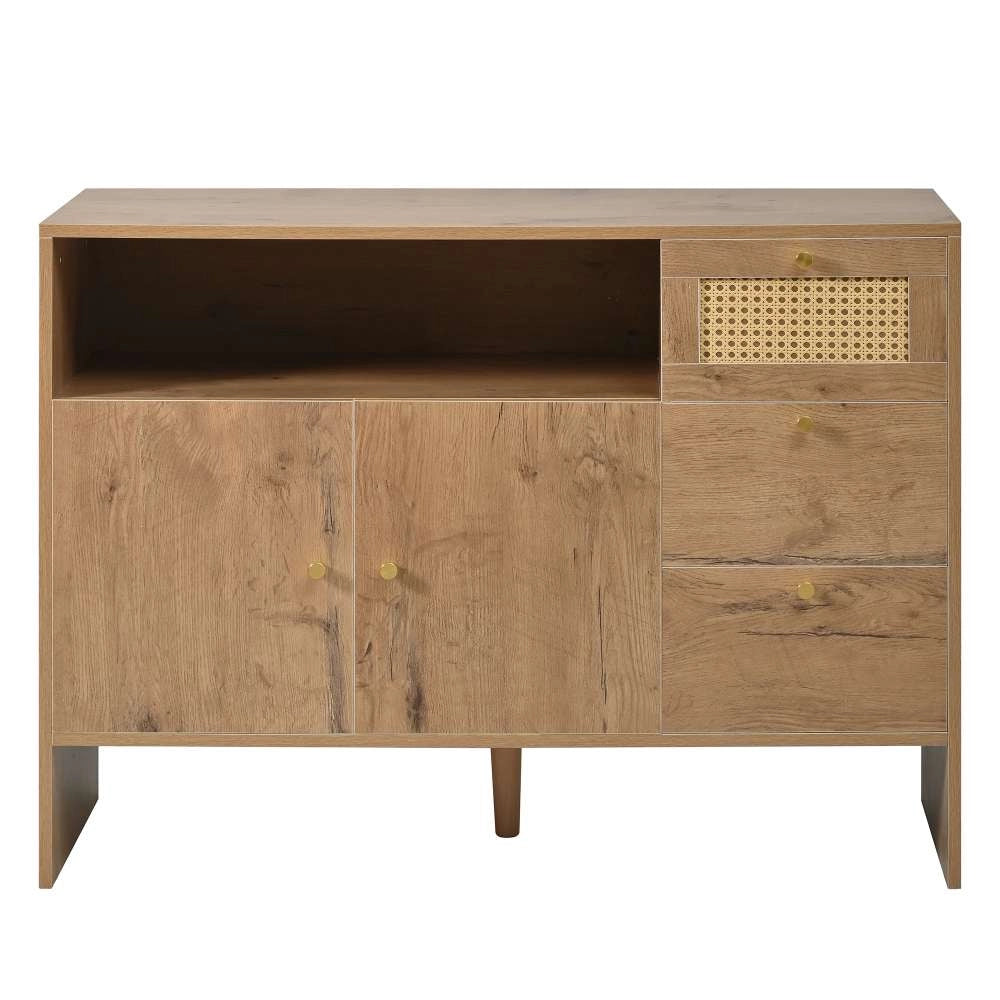 Madia Credenza in Legno con 2 Ante, 3 Cassetti in Rattan Intrecciato e Maniglie Dorate, 105x40x76 cm