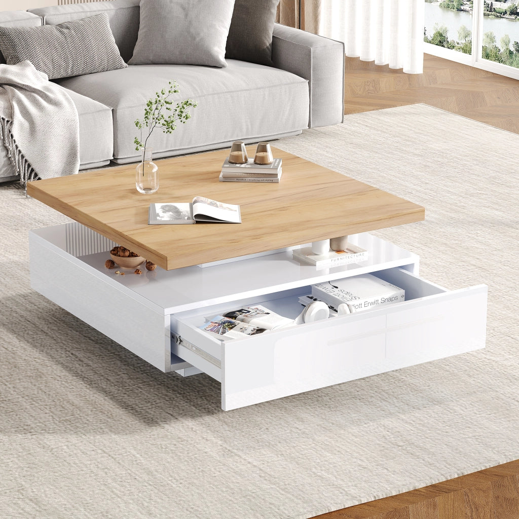Tavolino da caffè 70x70x36 cm; girevole 360° con vano contenitore; truciolare; colore naturale e bianco