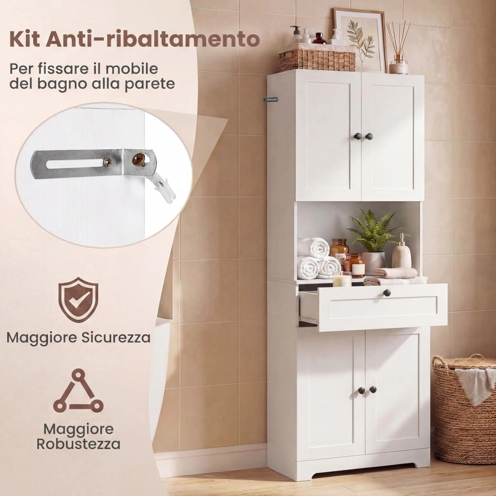 Mobile da Bagno Salvaspazio, Mobile da Terra con 4 Ante, 1 Cassetto, Vano Aperto e Ripiani Regolabili, Credenza Dispensa Cucina in Lgeno per Soggiorno e Ingresso, 60 x 35 x 171,5 cm (Bianco)