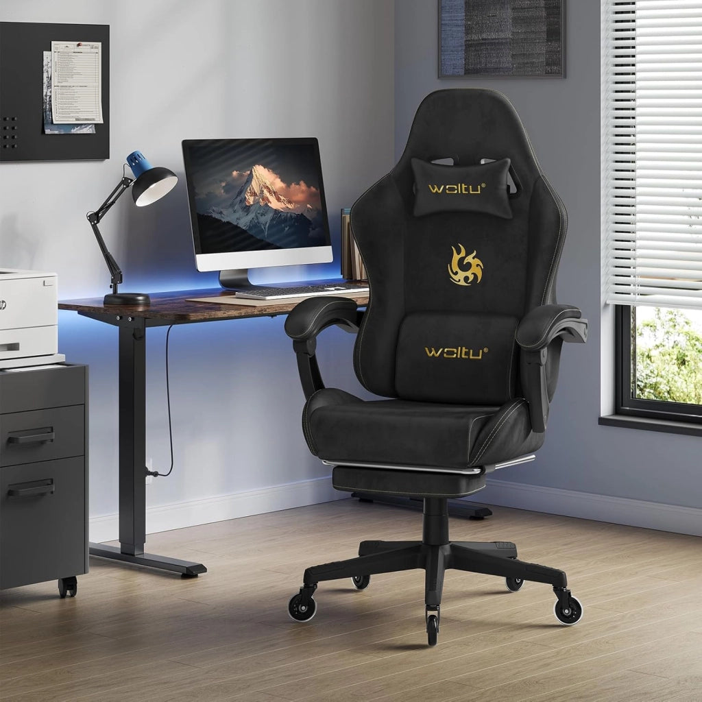 Sedia da gaming, Sedia Gaming Ergonomica con Ruote Silenziose, Altezza e Inclinazione Regolabile, con Braccioli Sincronizzati e Poggiapiedi, in Tessuto Scamosciato, Blu