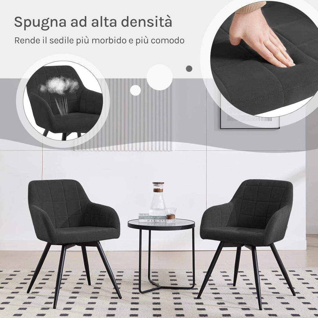 Sedia da Pranzo Girevole, Sedia da Cucina Ergonomica Imbottita in Velluto con Gambe in Metallo, Poltrona per Salotto, Ufficio, Camera da Letto, Balcone, Nero, EZS85sz-1
