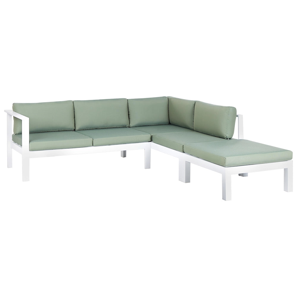 Set da giardino divano 5 posti e tavolo elevabile con struttura bianca e piano in vetro e cuscini bianchi e verdi stile moderno scandinavo
