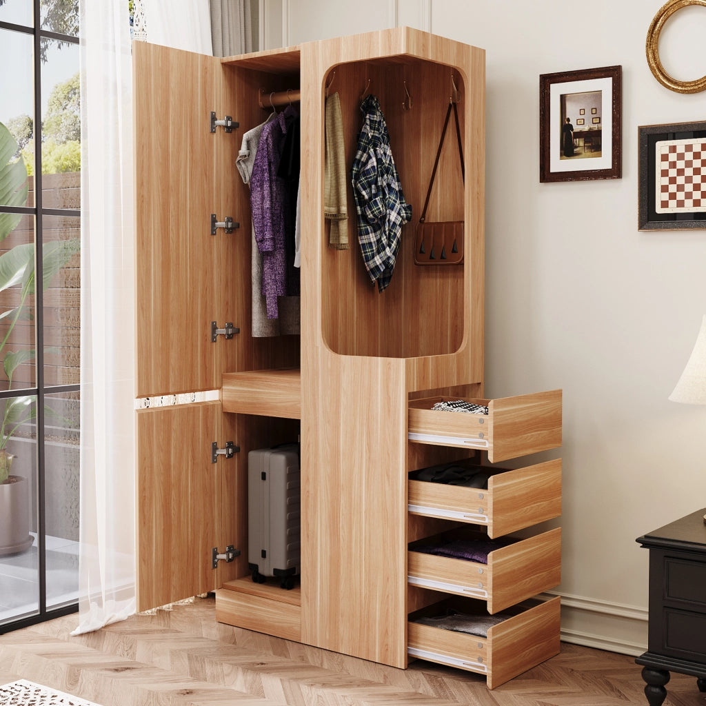 ARMADIO con 1 porta, 4 cassetti, 70 x 40 x 170 cm, Legno naturale