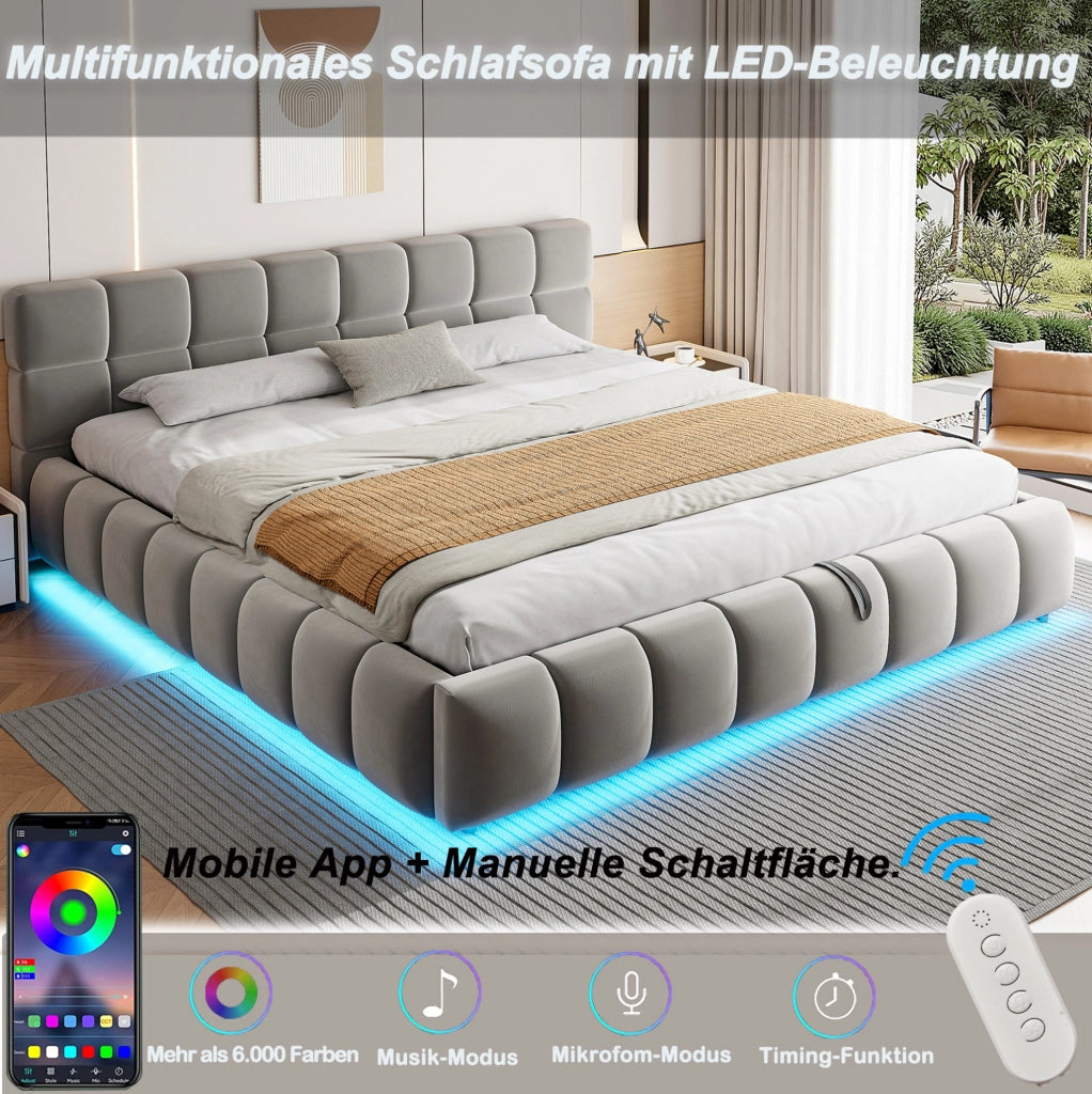 Letto matrimoniale imbottito 180x200 cm con LED e contenitore
