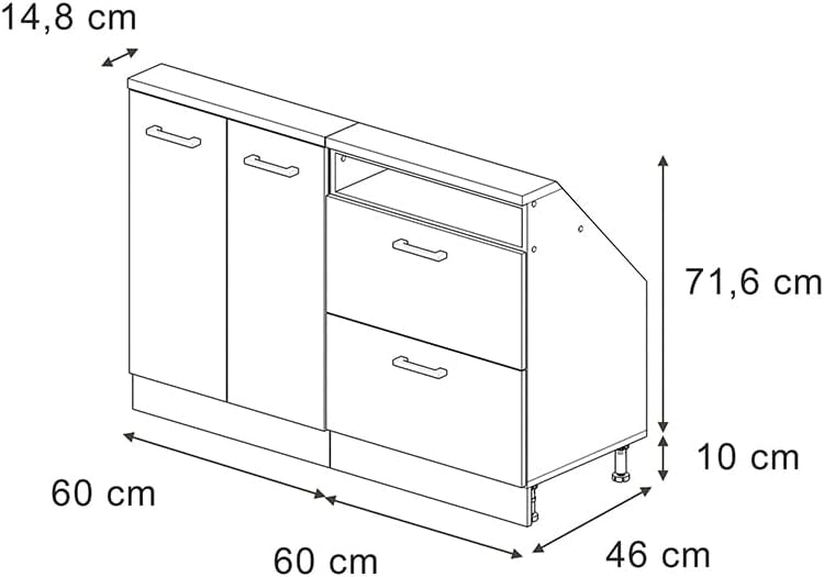 Mobile cucina sottotetto R-Line, Ondulazione bianca, 120 cm Set di 2, adatto per pareti inclinate e montaggio cucina variabile