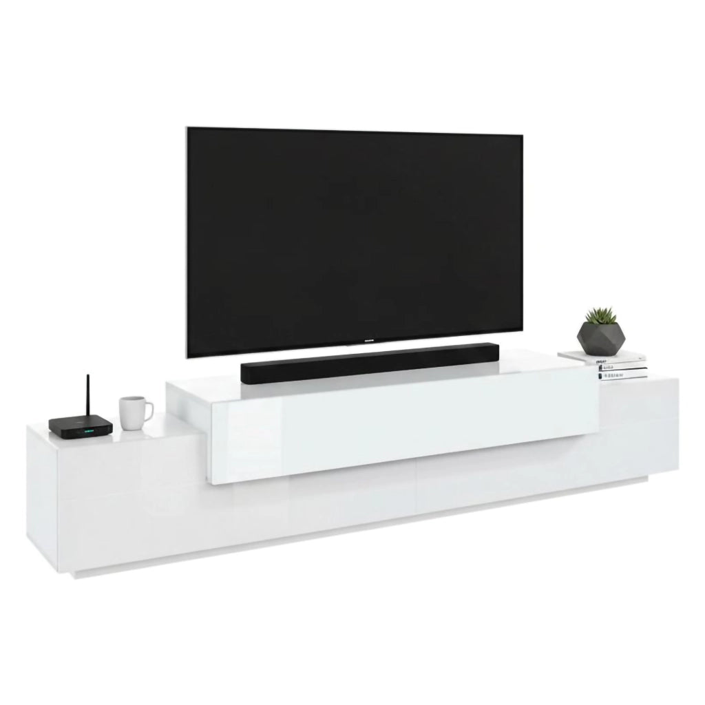 Mobile porta TV Tiche, Credenza bassa da soggiorno, Base porta TV, 100% Made in Italy, cm 240x45h52, Bianco lucido