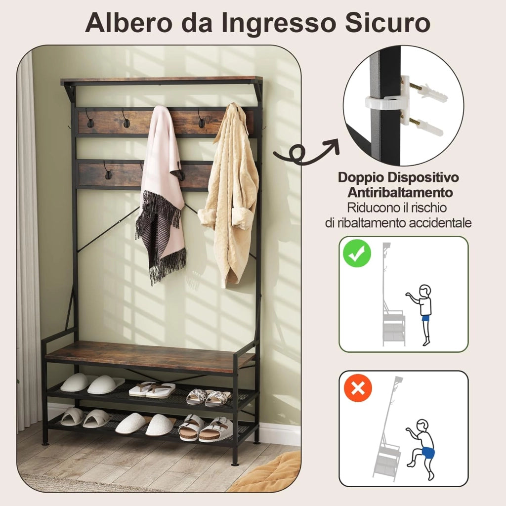 4 in 1 Appendiabiti da Ingresso, Armadio con Panca per Scarpe Scarpiera a 2 Ripiani, Struttura in Metallo e Kit Antivibrazione, 102 x 40 x 184 cm (Marrone)