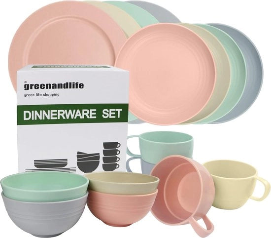 Set di servizio per campeggio con 16 pezzi, reutilizzabile e resistente, set di plastica per 4 persone, set da picnic, set di piatti, tazze, bicchieri, ideale per bambini e adulti