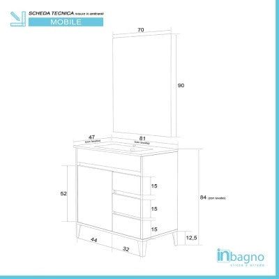 Mobile bagno a terra da 80 cm linea Way bianco lucido con specchio e lavabo