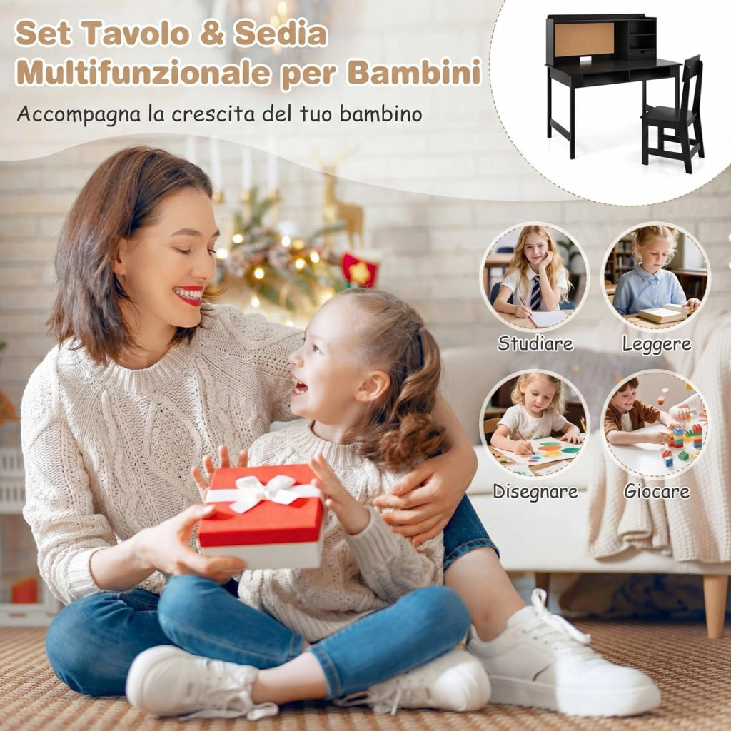 Set Scrivania e Sedia per Bambini, Tavolo per Studenti in Legno con Bacheca in Sughero, Cassetto, Pensile con Ripiani Aperti, Postazione Computer per Bambini per Studio e Lettura (Nero)