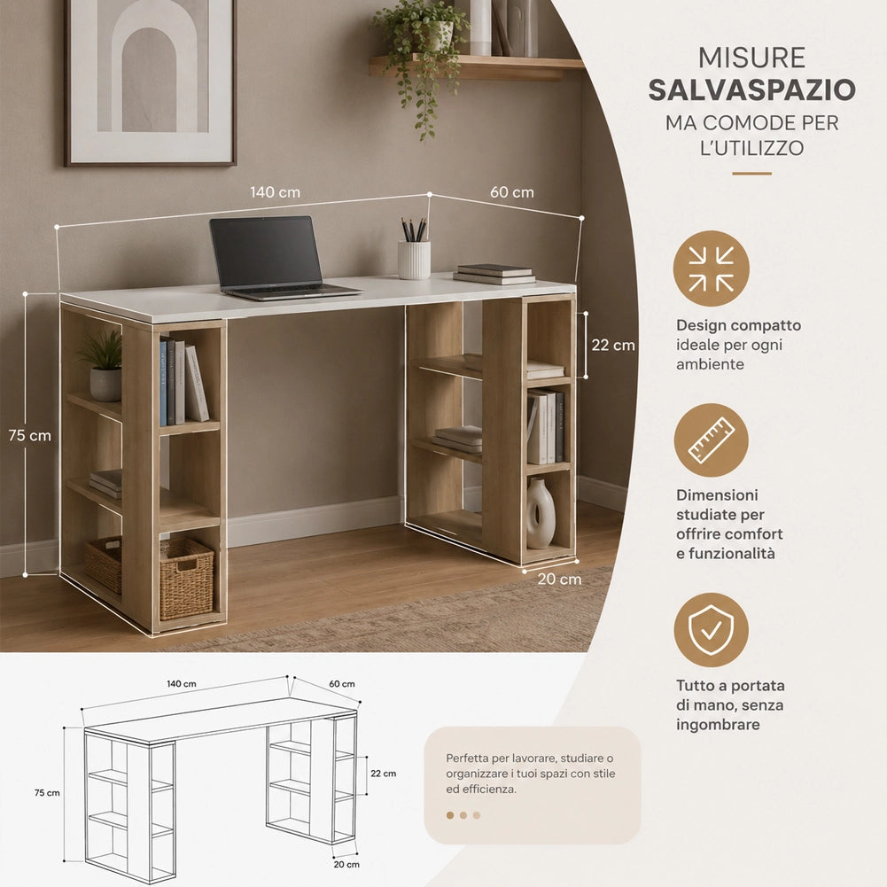 Scrivania Libreria 6 Ripiani Tavolo Porta Pc Computer Legno Casa Ufficio Quercia