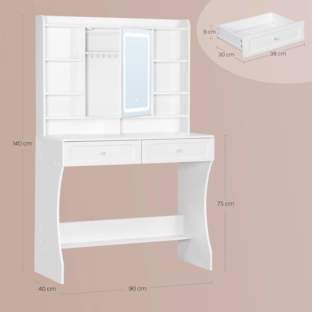 Toeletta Trucco con Specchio e Luce, Illuminazione Regolabile in 3 Colori, Postazione Trucco con 2 Cassetti, 8 Scomparti Aperti e Armadietto, per Camera da Letto, Cabina Armadio, Bianco