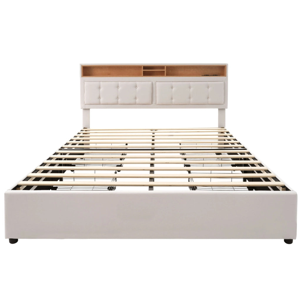 Letto matrimoniale imbottito 140x200 cm in lino con testiera regolabile; 4 cassetti; prese USB e Type C; beige chiaro