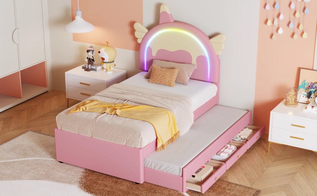 DESMIU Letto per Bambini 90 × 200 cm 1 Posto con Letto Estraibile, Cassetti e Design Unicorno, senza Materasso