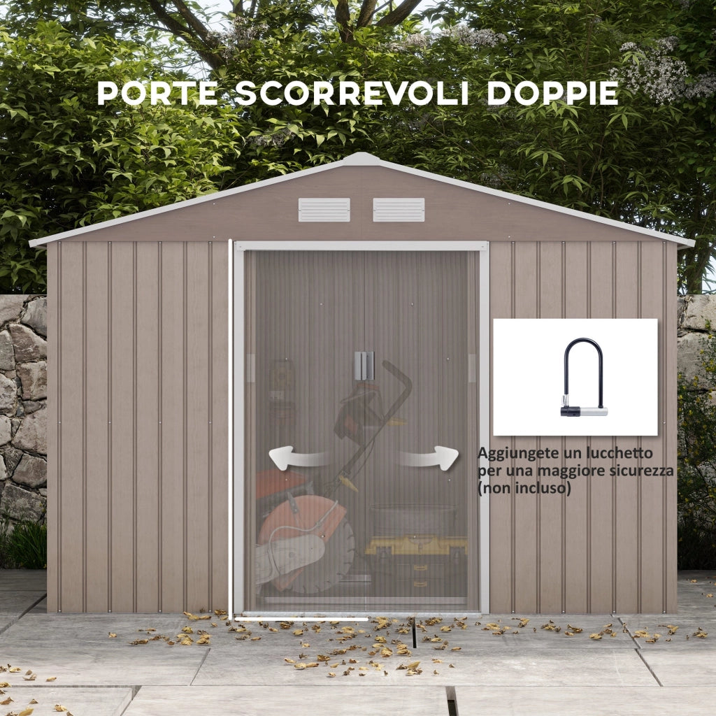 Casetta da Giardino con 4 Prese d'Aria e 2 Porte Scorrevoli 277x195x192 cm in Acciaio Marrone Chiaro