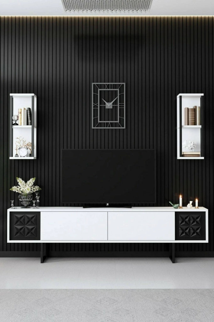 Mobile porta TV Axa, Credenza da soggiorno, Armadio basso per TV, Base parete attrezzata, 180x30h48 cm, Bianco e Nero