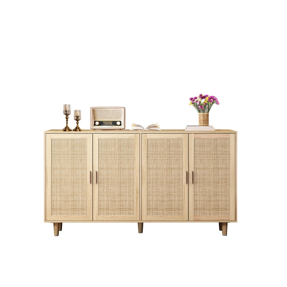 Armadio 4 Ante in Rattan ¨C MINIMAL ¨C Guardaroba con Ripiani, Bianco, 158 cm