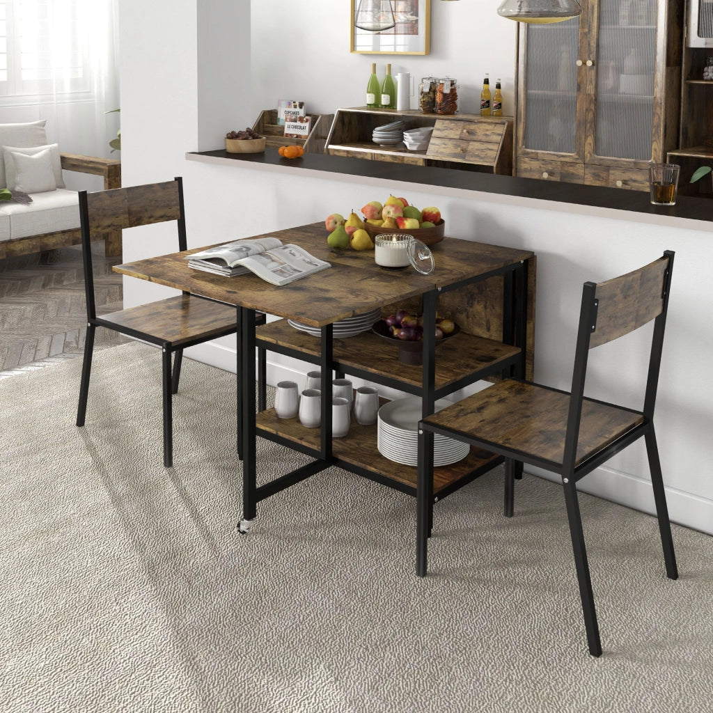 Tavolo pieghevole 140x80x75 cm con 2 ripiani e ruote frenate in acciaio marrone