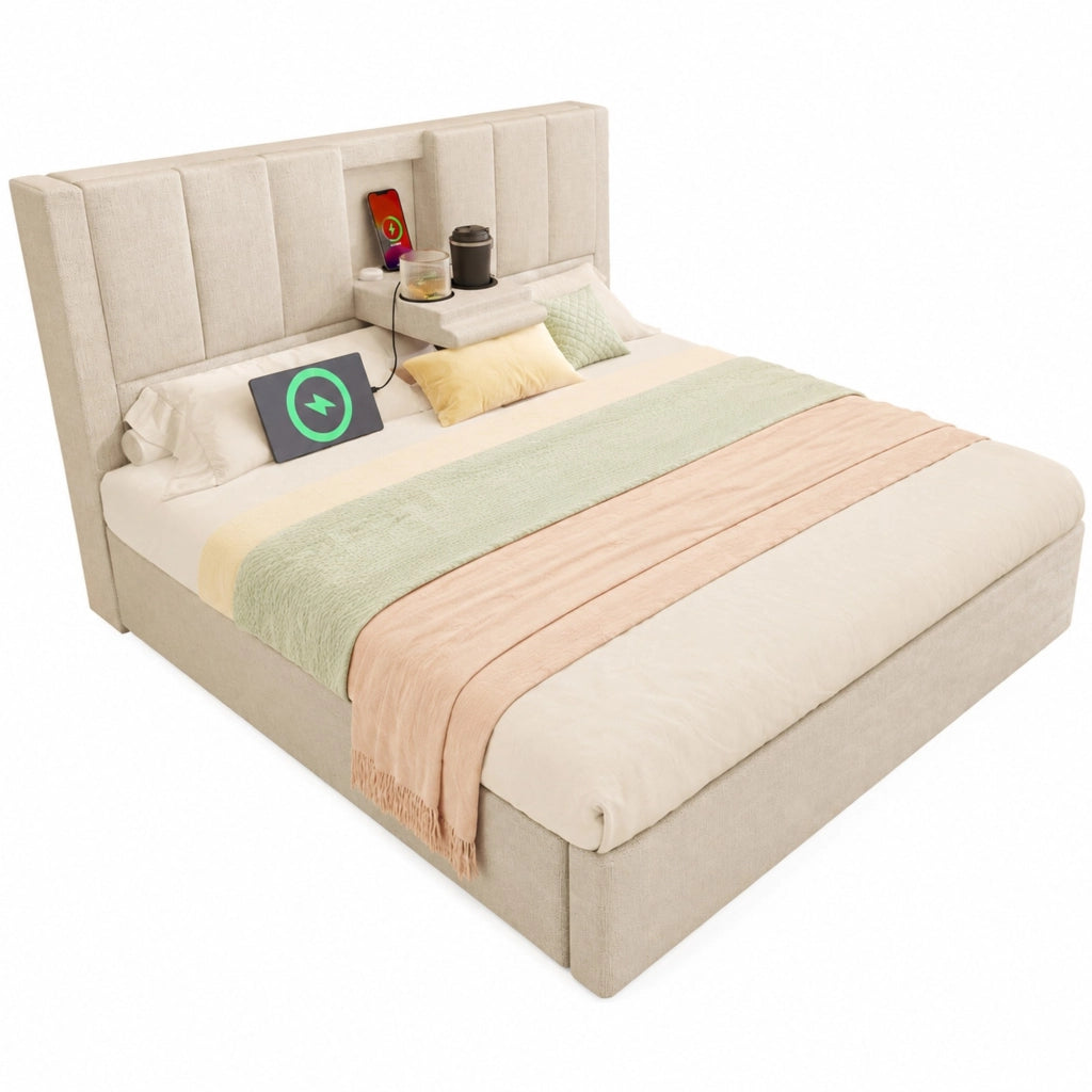 Letto imbottito 140x200 cm con contenitore, presa USB e portabicchieri