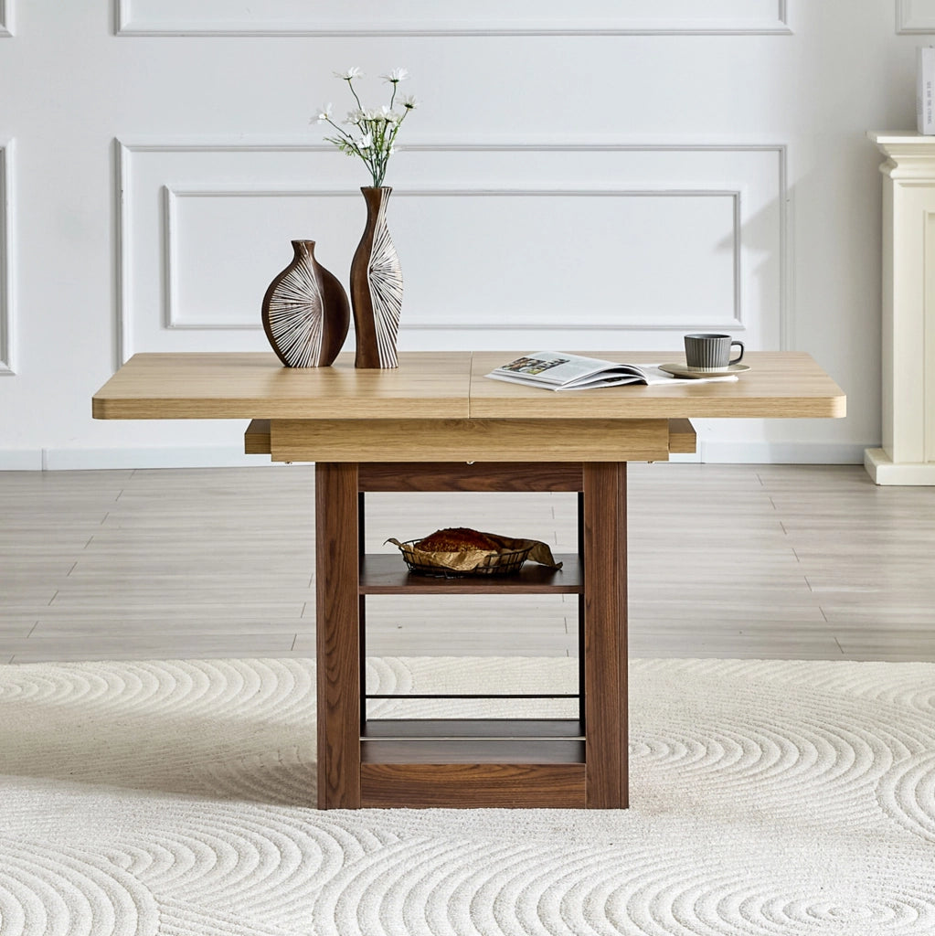 Tavolo allungabile 130x80x160x80 cm con 2 ripiani integrati; MDF naturale e noce