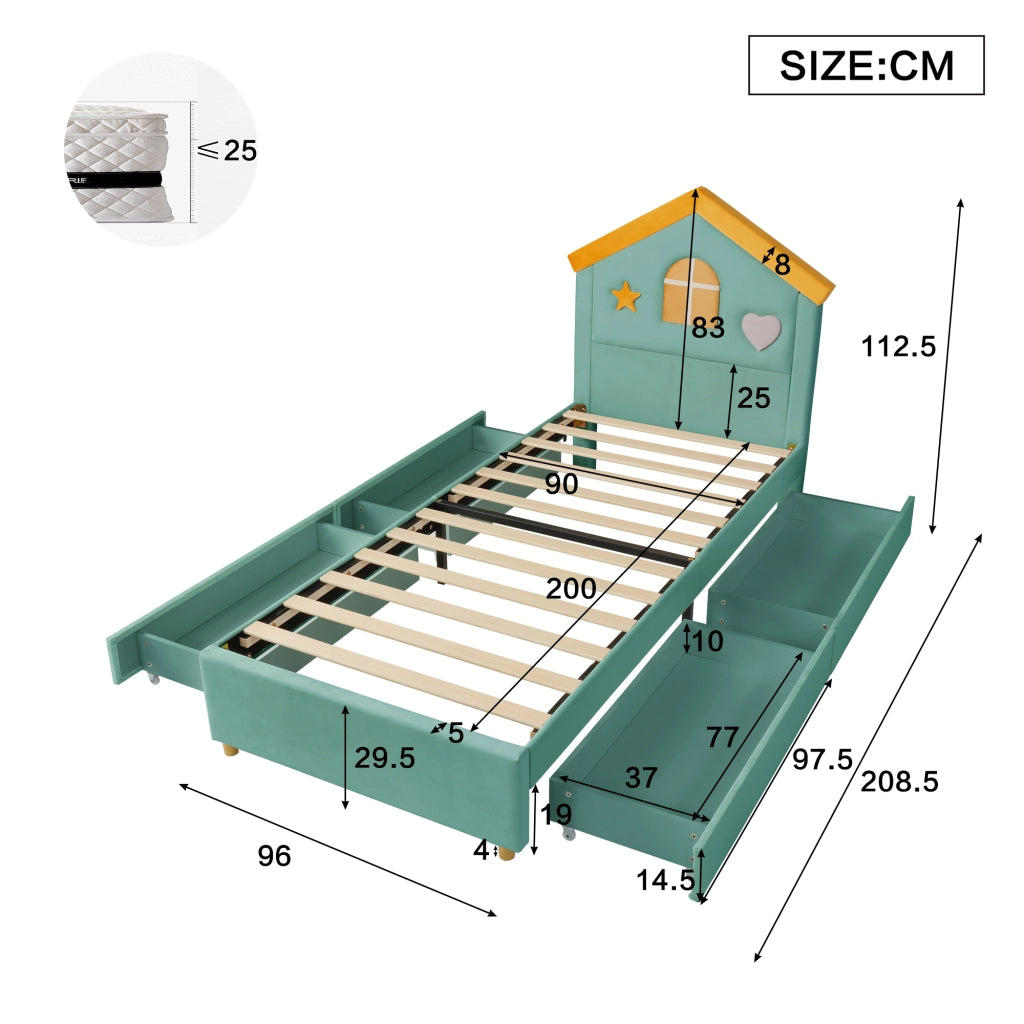 Letto a casetta 90 × 200 cm con 4 cassetti imbottito in velluto francese blu verde con testiera decorata