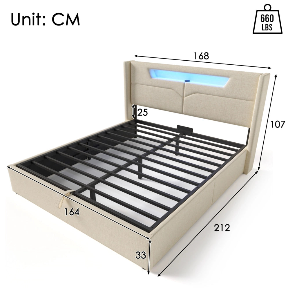 Letto imbottito 160x200 cm con contenitore; LED e USB Type C in lino beige