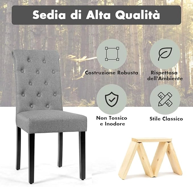 2 Seide Sala da Pranzo 43 x 61 x 100 cm, Seidie Cucina Laterali in Tessuto Rivestito con Gambe in Legno di Gomma, Tessuto di Lino Traspirante e Spugna ad Alta Densità (Grigio)