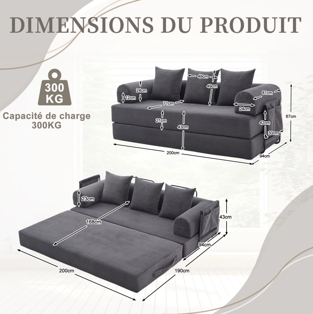 Divano modulare 200x94x67 cm con tasca laterale e 3 cuscini; tessuto a coste grigio scuro