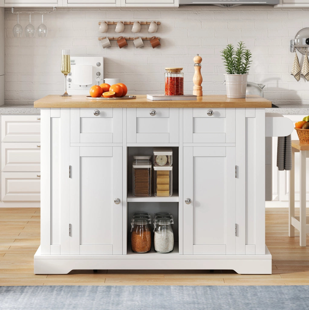 Isola cucina mobile 132x40(70)x87 cm con piano ribaltabile; prese integrate in MDF bianco e naturale