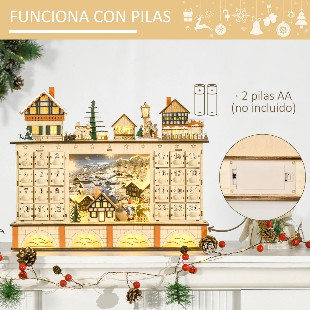 Calendario dell'Avvento con Luci e 24 Cassetti ¨C Zephmum ¨C Legno Naturale 44x10x37 cm