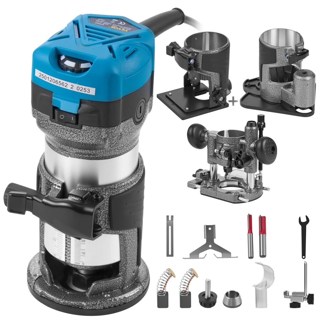 Fresatrice Rifilatore Elettrico per Legno 710W 10000-30000 Giri/min Multifunzione Compatto con 3 Basi per Fai da Te