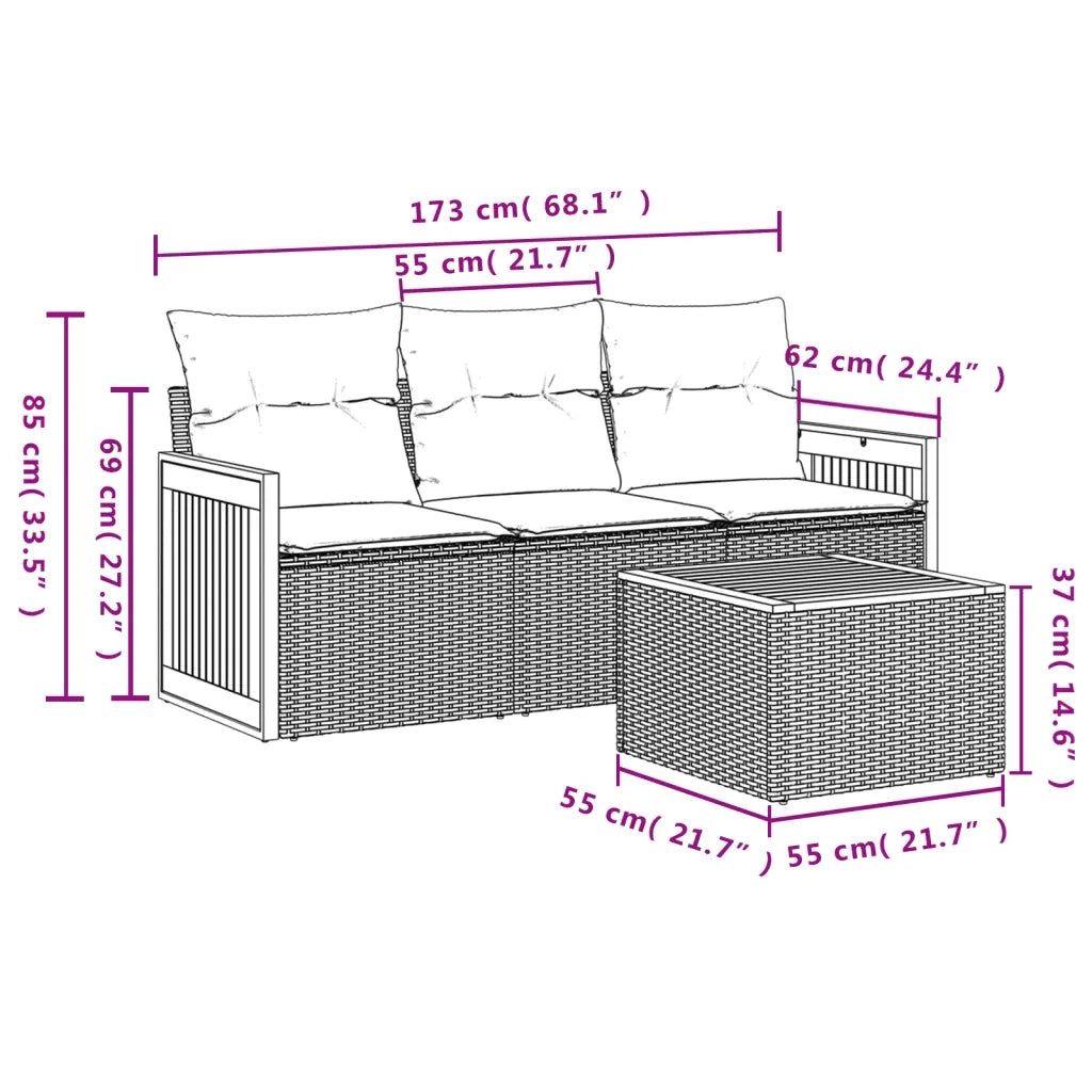 Set Divano da Giardino 4 pz con Cuscini Beige in Polyrattan