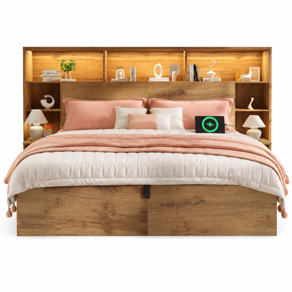 Letto contenitore 180x200 cm effetto rovere con comodini, LED e USB-C