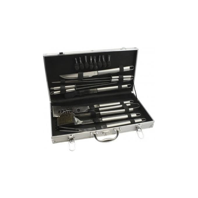 Leopold Vienna LV01070 Grillkoffer Barbecue Case 18 Pezzi in Acciaio Inox con Forchetta Coltello Pinze Spatola Pennello e Skewers colore Nero