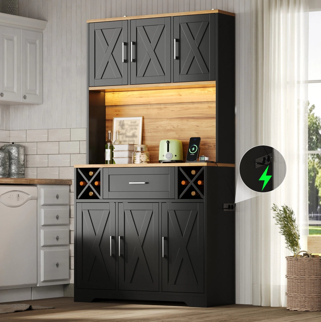 Credenza alta da cucina con LED RGB e presa 105x40x180 cm in MDF; naturale e nero