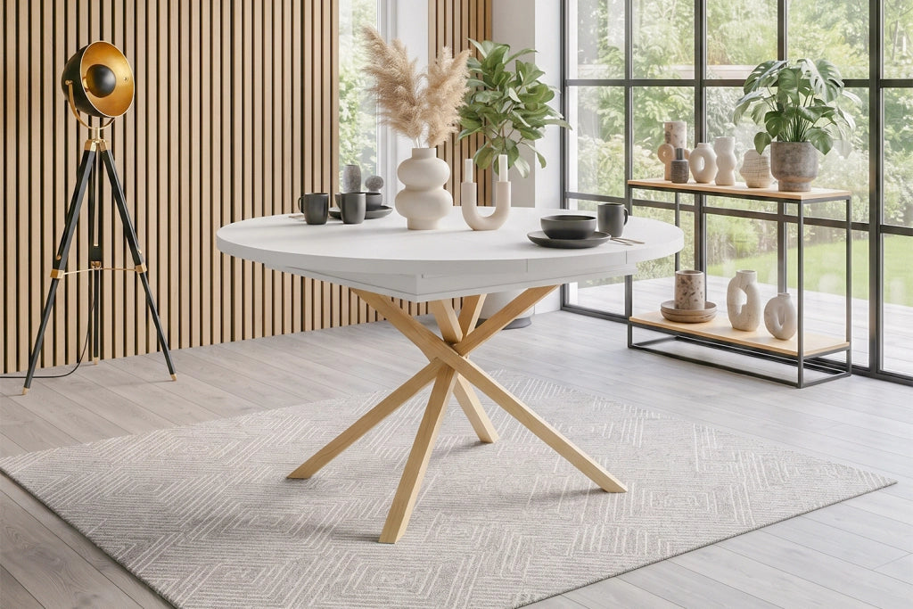 Tavolo allungabile con base a croce, struttura stabile in MDF e metallo, per sala da pranzo cucina soggiorno, bianco