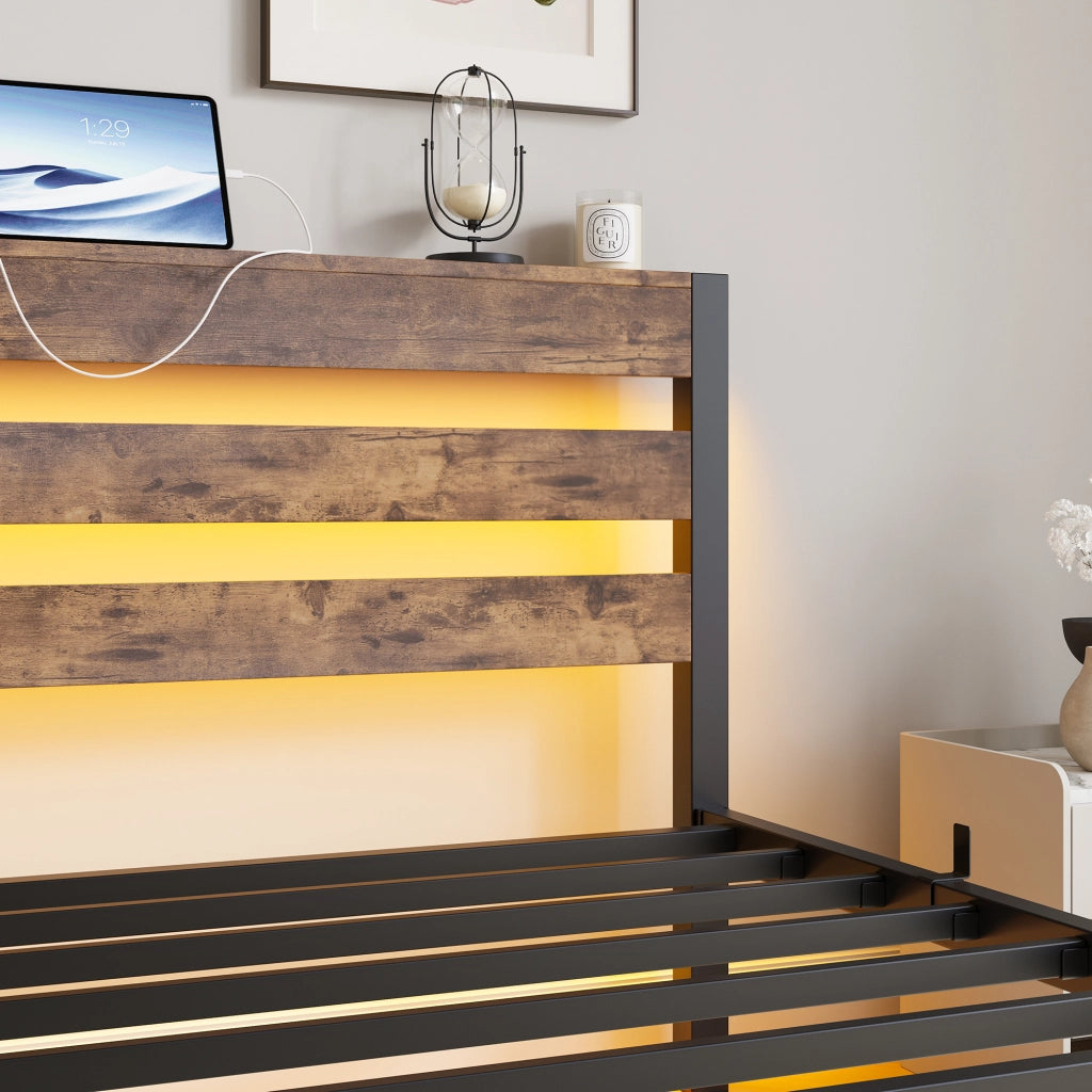LETTO 90x200 cm con LED RGB e 2 USB in metallo e legno Nero Marrone