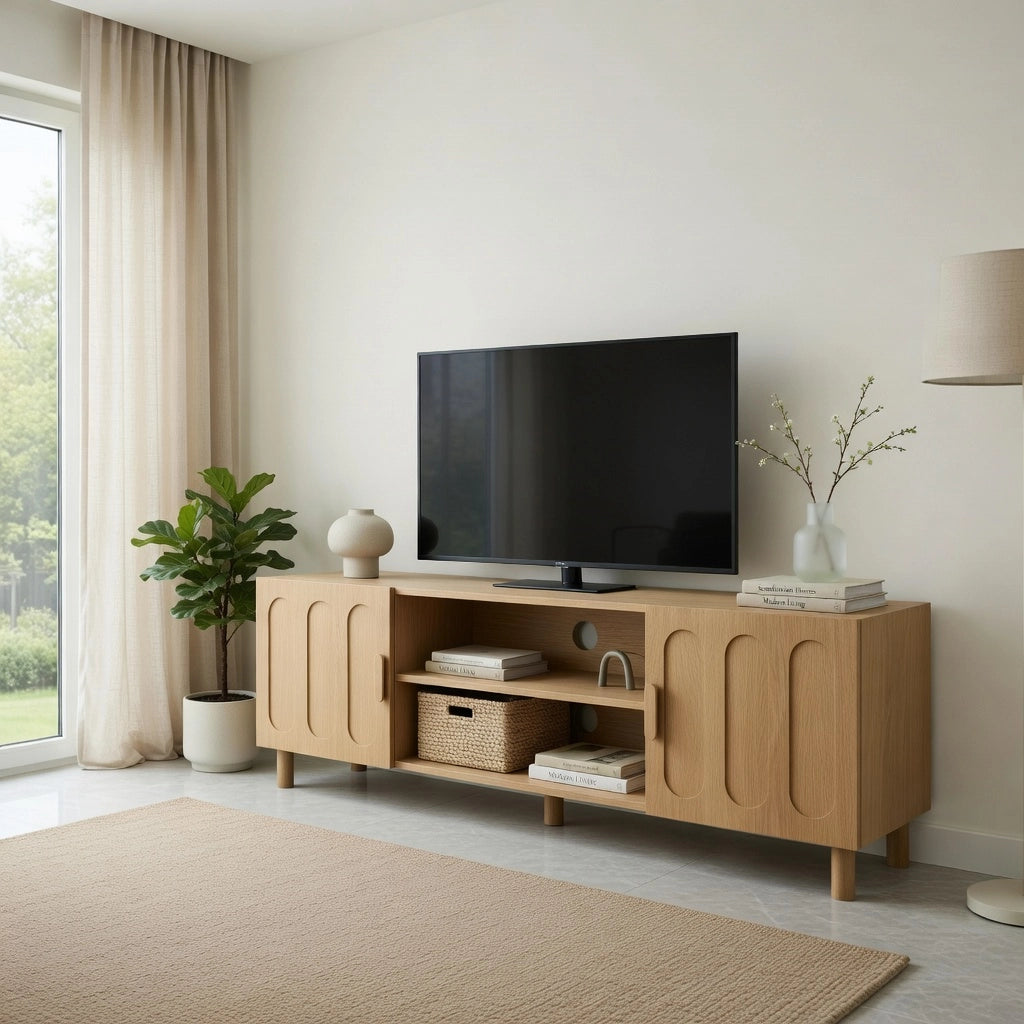Cassettiera TV in stile rustico; finitura rovere; in MDF; lunghezza 140 cm