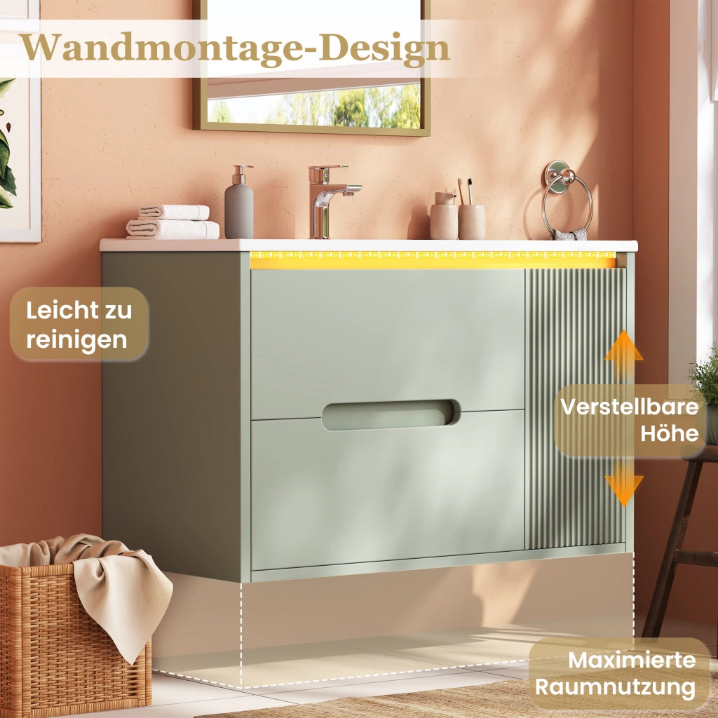 Mobile bagno sospeso 81 cm verde con lavabo in ceramica e luci LED