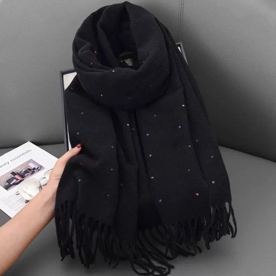 Schiacca nera con punti colorati per donne, moda e versatile per l'inverno, lunga, spessa, calda sciarpa/colletto.
