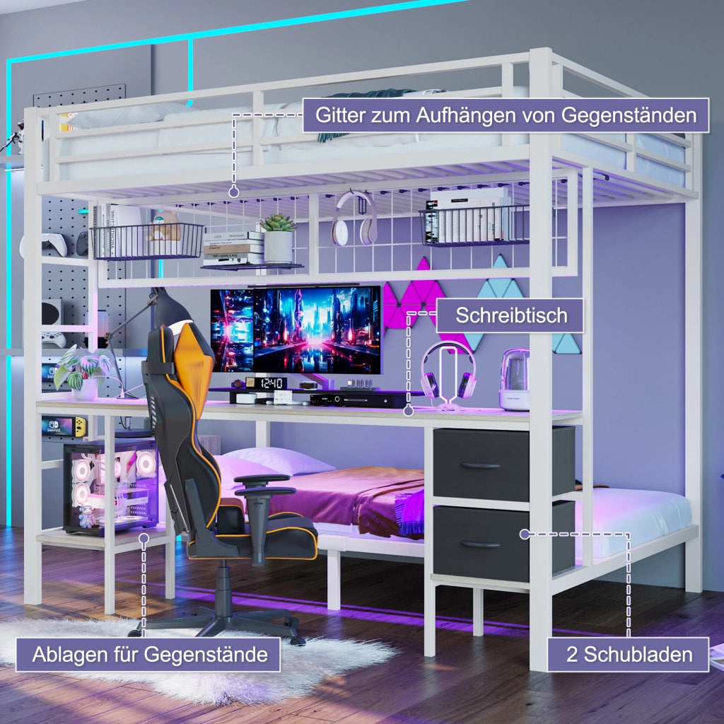 Letto a soppalco 140x200 cm con scrivania, LED e USB bianco