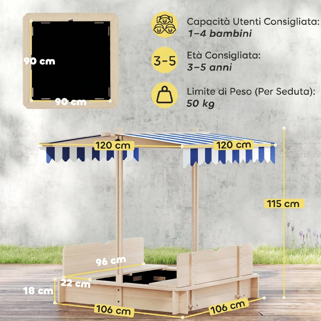 Sabbiera per Bambini in Legno con Tettuccio e Panca ¨C zephmum ¨C 106x106x115 cm Bianco e Blu