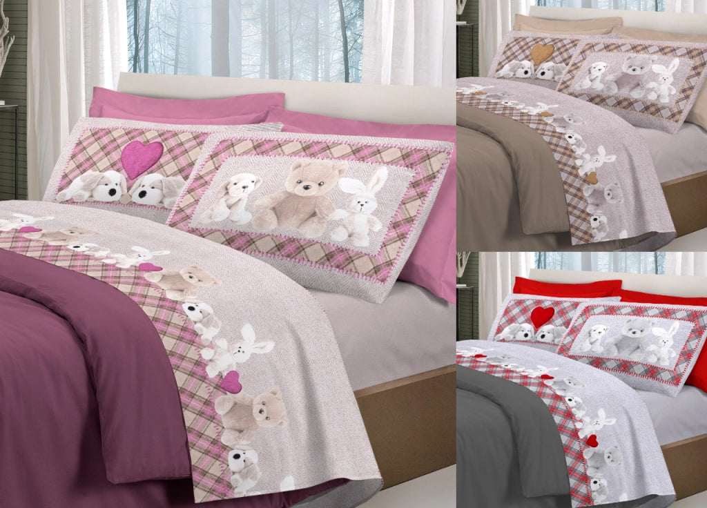 Completo Lenzuola Linea Pensieri Delicati 100% Cotone Disegno Peluche - Matrimoniale - Rosa