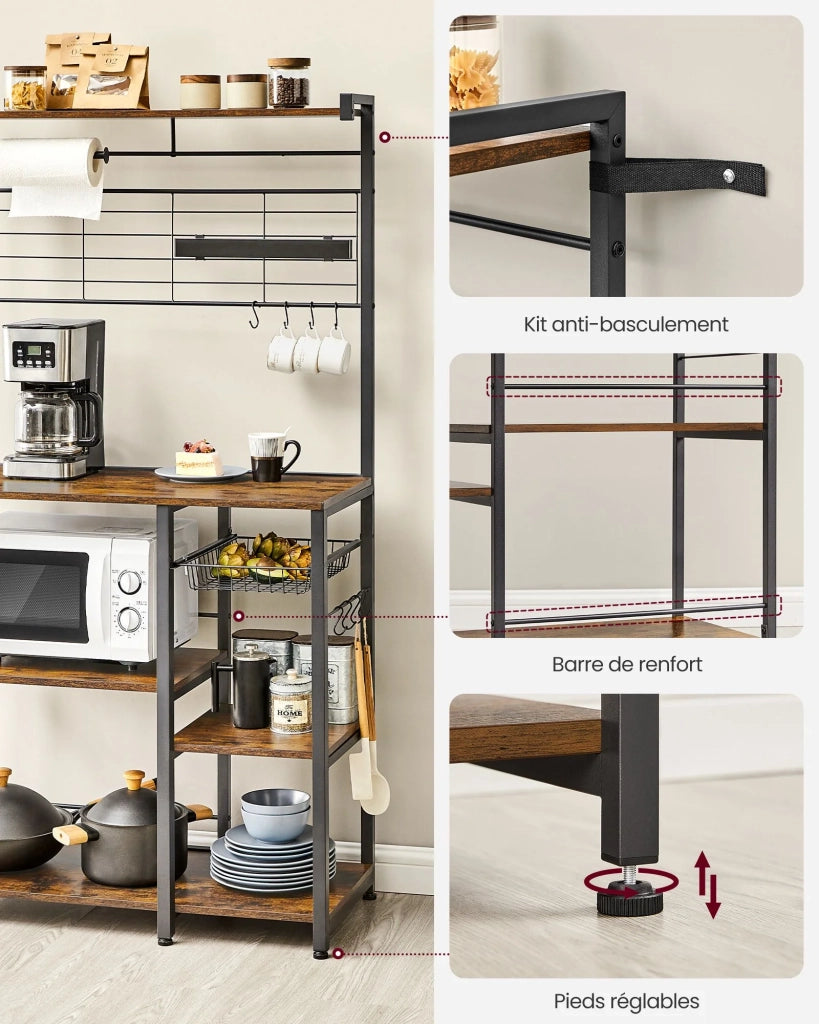 Mensola da cucina mobile contenitore isola da cucina 42 x 90 x 167,3 cm con portacoltelli magnetico cestino in metallo portarotolo di carta 12 ganci marrone 12_0005690