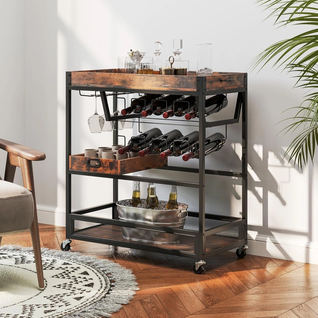 Carrello di servizio a 3 livelli, carrello da cucina con armadietto per vino, porta bicchieri, vassoio rimovibile, struttura in metallo, carrello portaoggetti a 3 livelli, per sala da pranzo