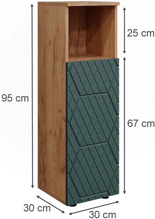 Mobile midi Irma, Quercia verde/oro, 30 x 95 cm, per la conservazione di accessori da bagno e combinabile con Irma